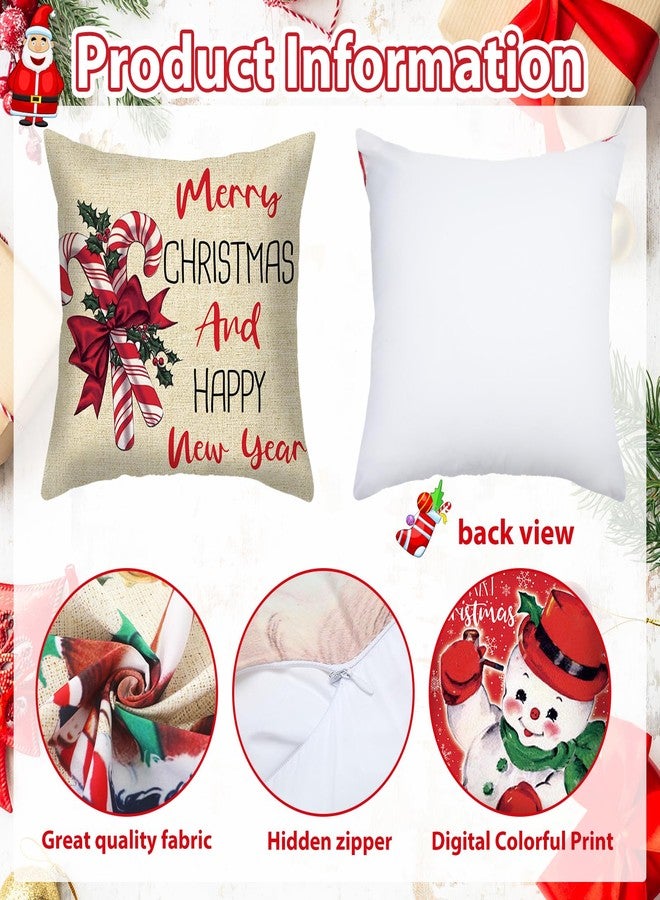FuWeave أغطية وسائد عيد الميلاد العتيقة من FuWeave 18x18 مجموعة من 6 أغطية وسائد مربعة حمراء ريترو سانتا عصا الحلوى جوارب عيد الميلاد رجل الثلج الرنة وسائد رمي لزينة المنزل في عيد الميلاد الشتاء - Image 3