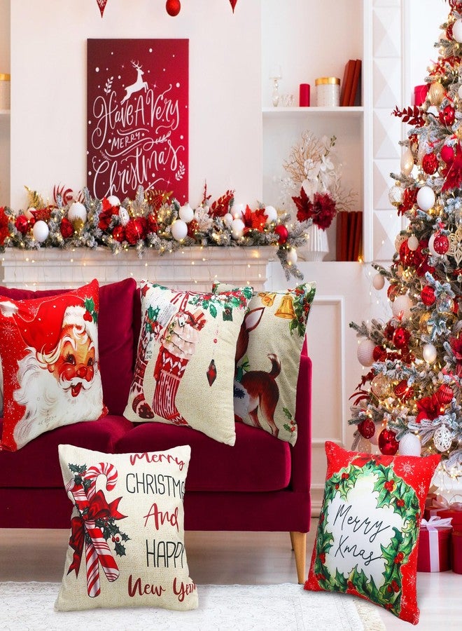 FuWeave أغطية وسائد عيد الميلاد العتيقة من FuWeave 18x18 مجموعة من 6 أغطية وسائد مربعة حمراء ريترو سانتا عصا الحلوى جوارب عيد الميلاد رجل الثلج الرنة وسائد رمي لزينة المنزل في عيد الميلاد الشتاء - Image 5