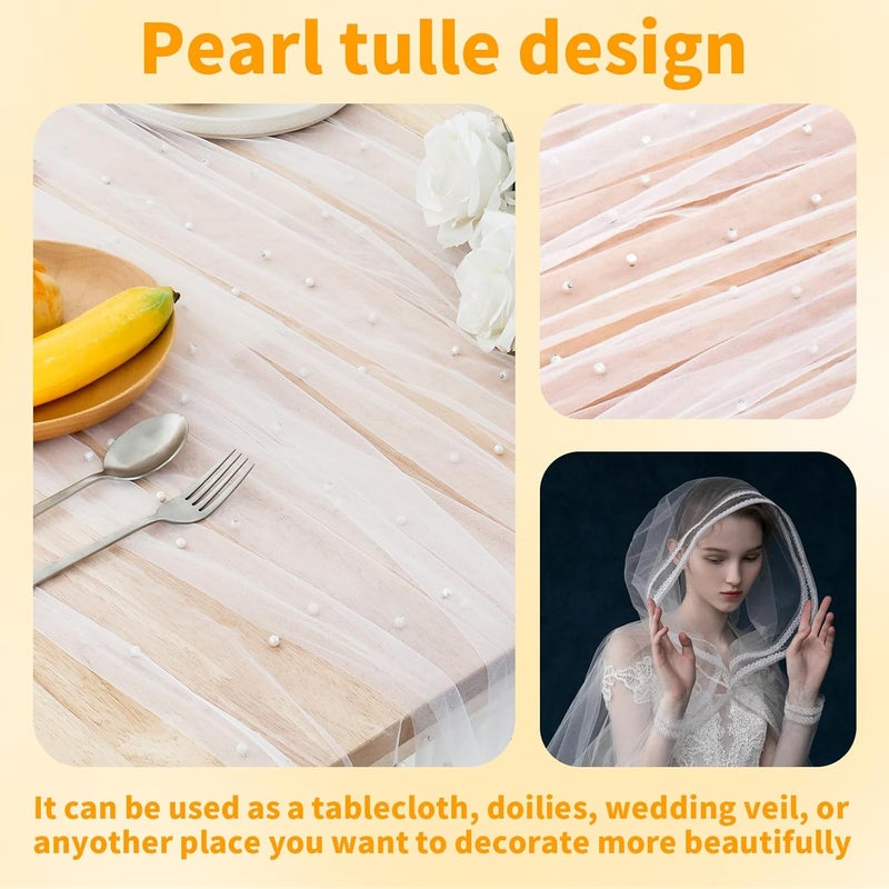 windforgecraft 2 Pcs Pearl Beaded Tulle Fabric Pearl Decor Wedding Table Cloths Rectangle Dessert Table Cloth White Table Cover Net Tulle Mesh Wedding Accessories for Reception Bridal Shower Tablecloth - Image 2