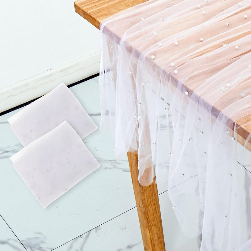 windforgecraft 2 Pcs Pearl Beaded Tulle Fabric Pearl Decor Wedding Table Cloths Rectangle Dessert Table Cloth White Table Cover Net Tulle Mesh Wedding Accessories for Reception Bridal Shower Tablecloth - Image 1