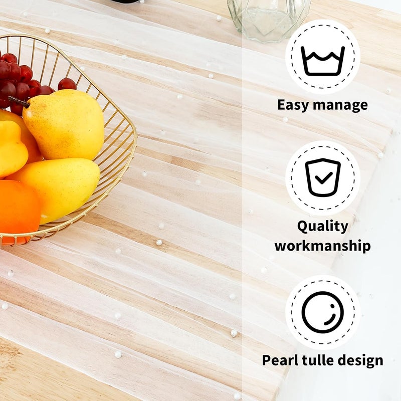 windforgecraft 2 Pcs Pearl Beaded Tulle Fabric Pearl Decor Wedding Table Cloths Rectangle Dessert Table Cloth White Table Cover Net Tulle Mesh Wedding Accessories for Reception Bridal Shower Tablecloth - Image 3