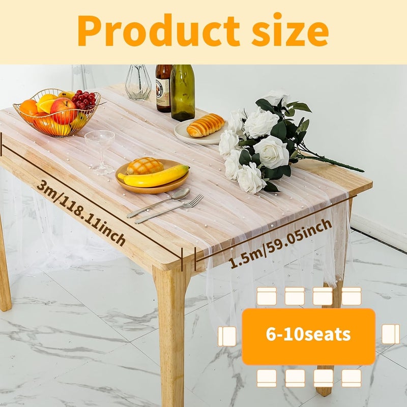 windforgecraft 2 Pcs Pearl Beaded Tulle Fabric Pearl Decor Wedding Table Cloths Rectangle Dessert Table Cloth White Table Cover Net Tulle Mesh Wedding Accessories for Reception Bridal Shower Tablecloth - Image 5