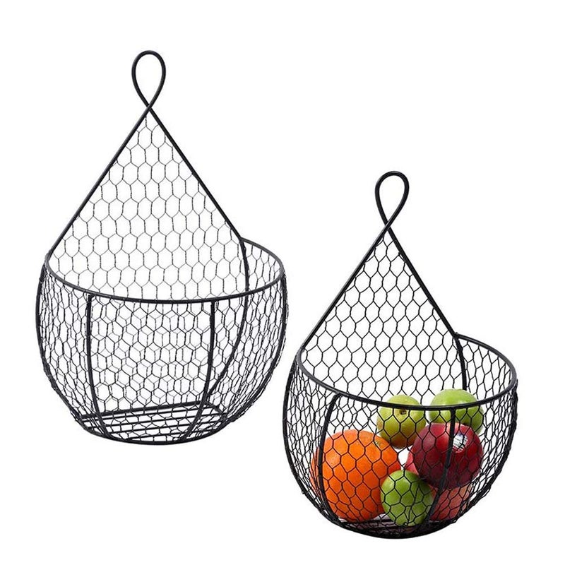 ERYTLLY Metal Fruit And Vegetable Storage Hanging Basket Wall Mounted, For Kitchen Black Wire Baskets for Flowers, Fruits and Veggies, - Set of 2 - Image 1