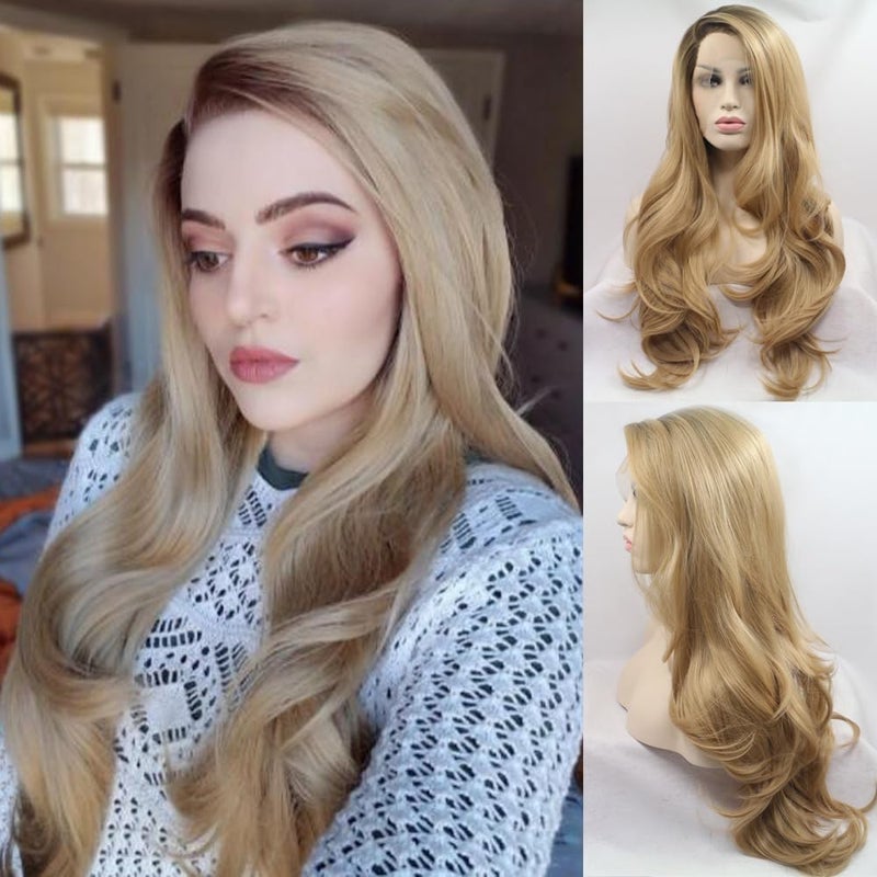 melody wig Synthetic Blonde Lace Front Wigs With Brown Roots Long Body Wave Hair Long Side Part Ombre Blonde Wigs