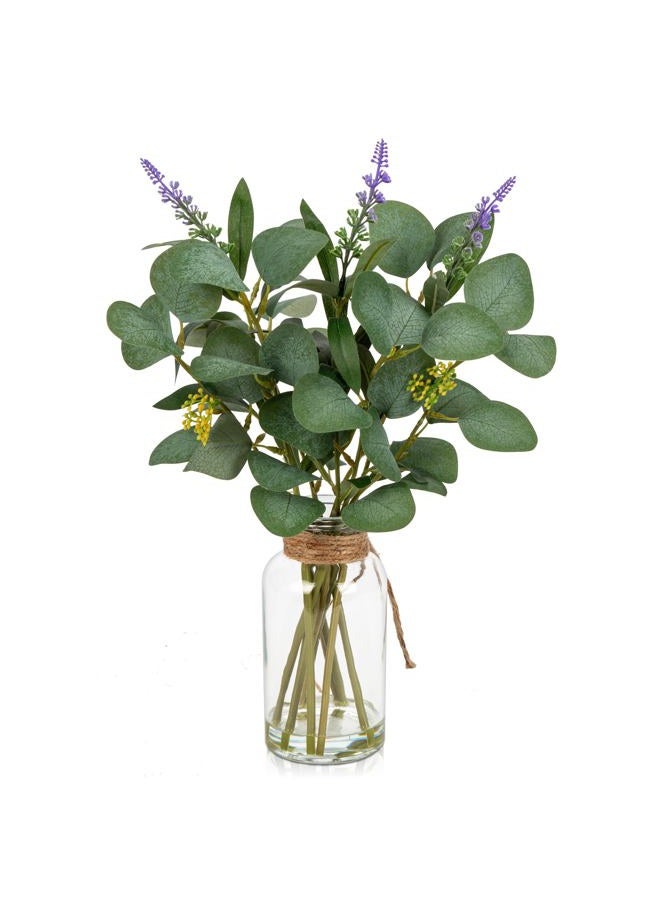 Briful Artificial Eucalyptus Stems in Glass Vase with Faux Water, 14" Fake Plant Eucalyptus with Lavender for Home Office Farmhouse Wedding Centerpiece Bathroom Décor - Image 1