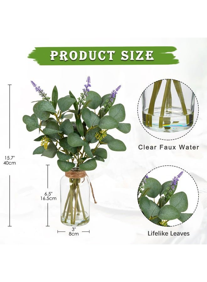 Briful Artificial Eucalyptus Stems in Glass Vase with Faux Water, 14" Fake Plant Eucalyptus with Lavender for Home Office Farmhouse Wedding Centerpiece Bathroom Décor - Image 2