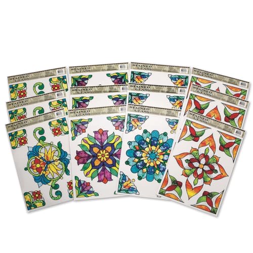 SS Worldwide Repositionable and Reusable Stained Glass Window Clings Add Beauty to Any Window or Room with 1134 x 778a AdhesiveFree Static Cling Decorations 4 Colorful Designs Pack of 12
