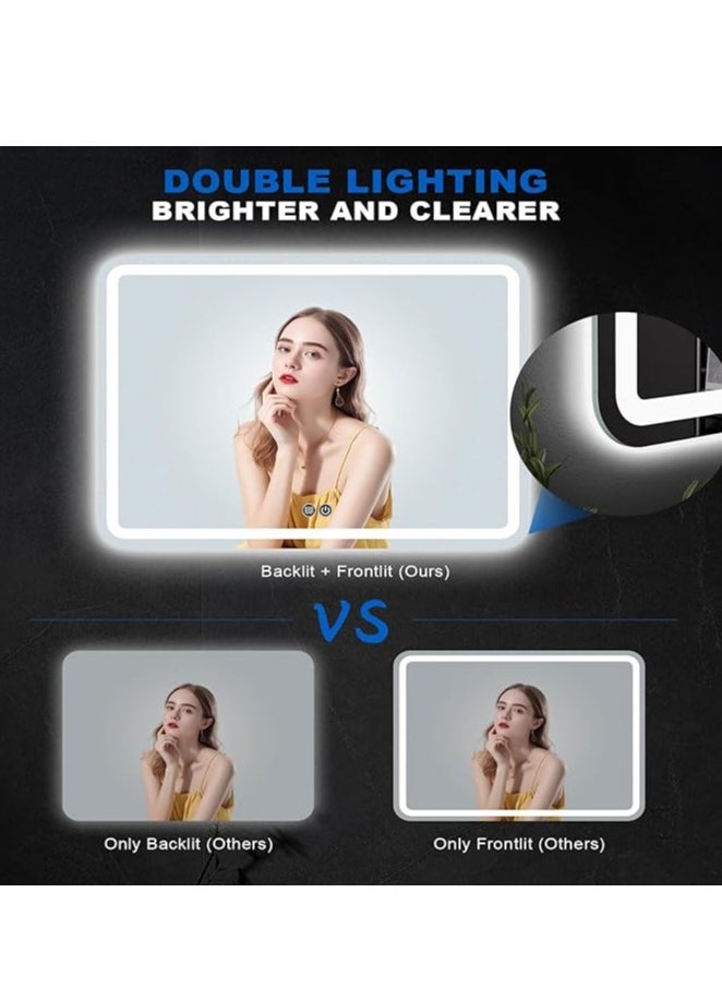 Vparty - LED Bathroom Mirror with Backlit & Front Lights, Anti-Fog Makeup Mirror, 3 Color Temperature Dimmable Vanity Mirror, Waterproof, Memory Function, Horizontal/Vertical Mount, Modern LED Lighted Wall Mirror, Adjustable Brightness LED Vanity Mirror, Stylish Wall-Mounted Bathroom Mirror, Energy-Efficient LED Mirror for Bathroom (100 X 60 Cm) - Image 1