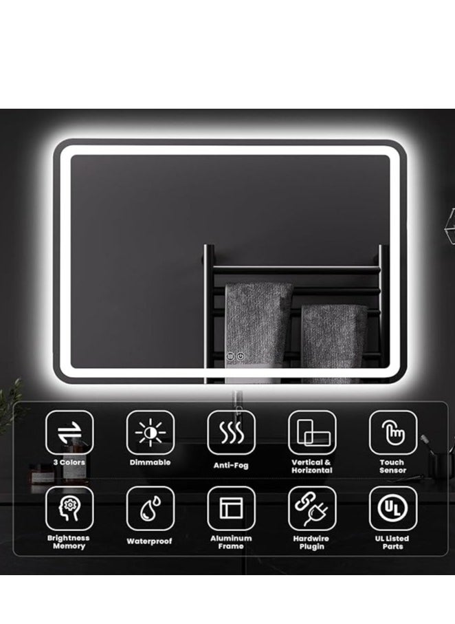 Vparty - LED Bathroom Mirror with Backlit & Front Lights, Anti-Fog Makeup Mirror, 3 Color Temperature Dimmable Vanity Mirror, Waterproof, Memory Function, Horizontal/Vertical Mount, Modern LED Lighted Wall Mirror, Adjustable Brightness LED Vanity Mirror, Stylish Wall-Mounted Bathroom Mirror, Energy-Efficient LED Mirror for Bathroom (100 X 60 Cm) - Image 1