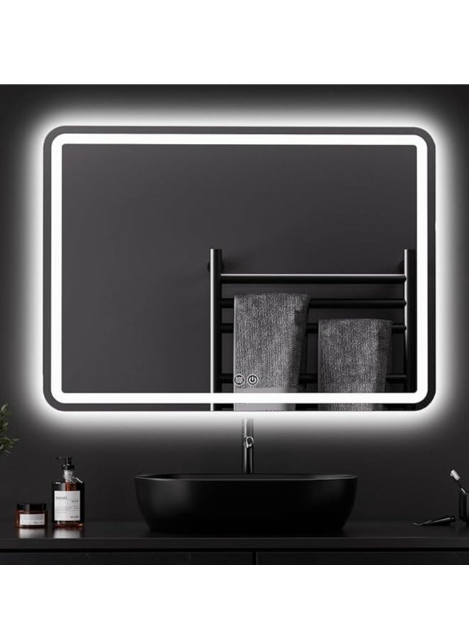 Vparty - LED Bathroom Mirror with Backlit & Front Lights, Anti-Fog Makeup Mirror, 3 Color Temperature Dimmable Vanity Mirror, Waterproof, Memory Function, Horizontal/Vertical Mount, Modern LED Lighted Wall Mirror, Adjustable Brightness LED Vanity Mirror, Stylish Wall-Mounted Bathroom Mirror, Energy-Efficient LED Mirror for Bathroom (100 X 60 Cm) - Image 1