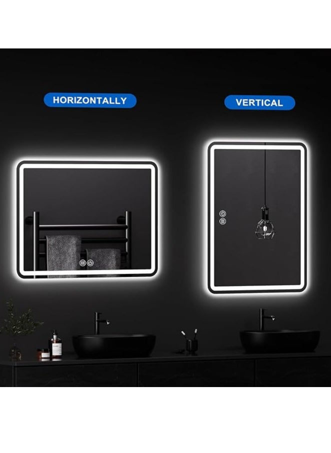 Vparty - LED Bathroom Mirror with Backlit & Front Lights, Anti-Fog Makeup Mirror, 3 Color Temperature Dimmable Vanity Mirror, Waterproof, Memory Function, Horizontal/Vertical Mount, Modern LED Lighted Wall Mirror, Adjustable Brightness LED Vanity Mirror, Stylish Wall-Mounted Bathroom Mirror, Energy-Efficient LED Mirror for Bathroom (100 X 60 Cm) - Image 1
