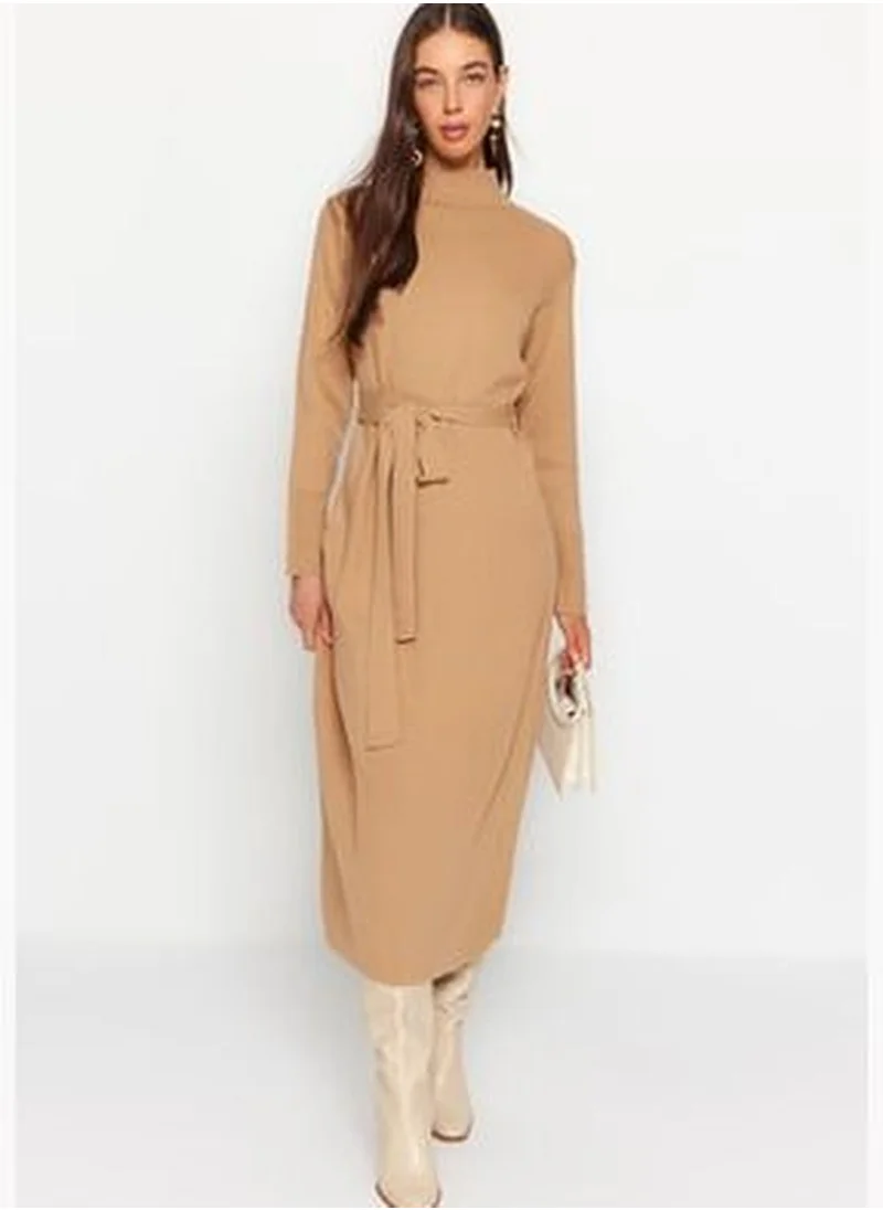 trendyol Beige Belted Pearl Detailed Long Knitwear Dress TCTAW24EB00016