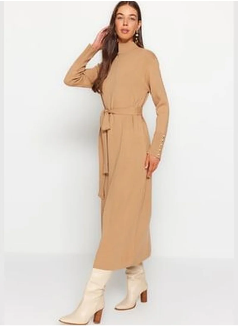 trendyol Beige Belted Pearl Detailed Long Knitwear Dress TCTAW24EB00016