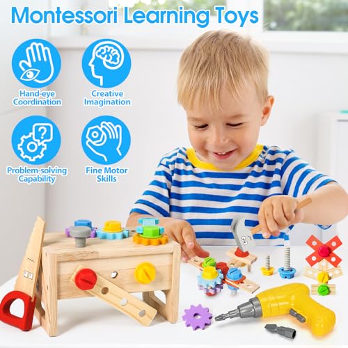 BAODLON Kids Tool Set with Electric Drill 39 Pcs Wooden Toddler Play Tool Bench Kits with Tool Box Montessori STEM Educational Pretend Construction Toy for 3 4 5 6 Year Old Boys Girls Birthday Gifts - Image 5
