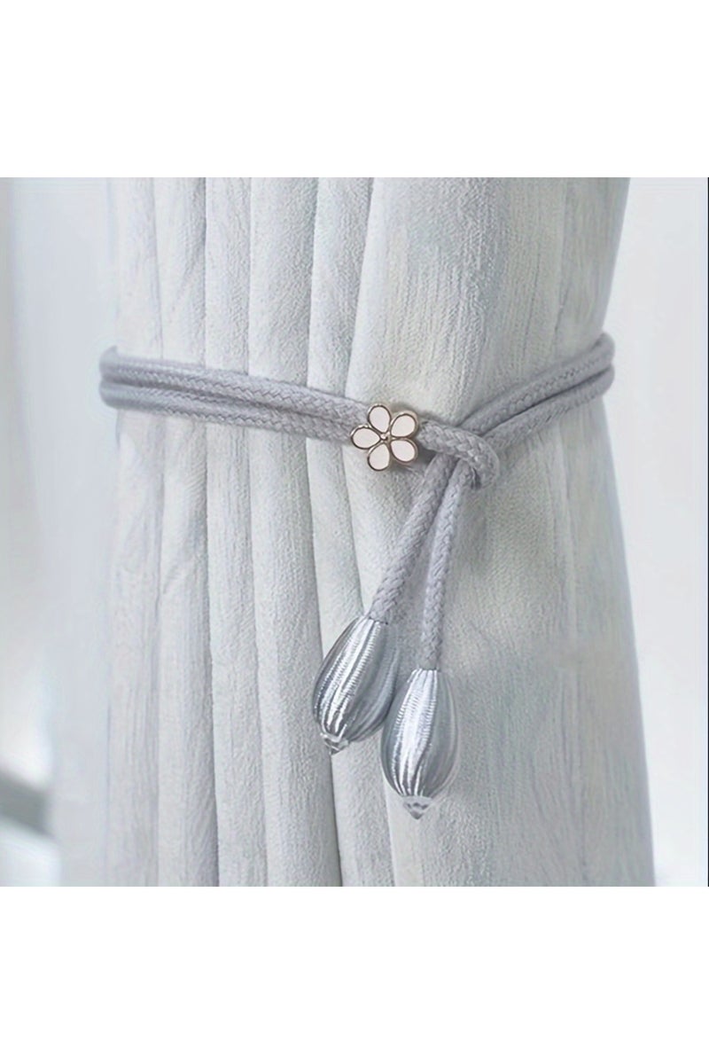 ربطات ستائر رمادية فاتحة، قطعتان، مزودة بمشابك على شكل زهور - قابلة للتعديل، مثبتات حبل بدون حفر لإضفاء لمسة أنيقة
