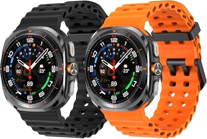 CERLINK Ocean Silicone Bands For Samsung Galaxy Watch 7 Ultra 47MM Band, Adjustable Breathable Soft Waterproof Strap For Galaxy Watch 7 Ultra (Pack-2 Black,Orange) - Image 1