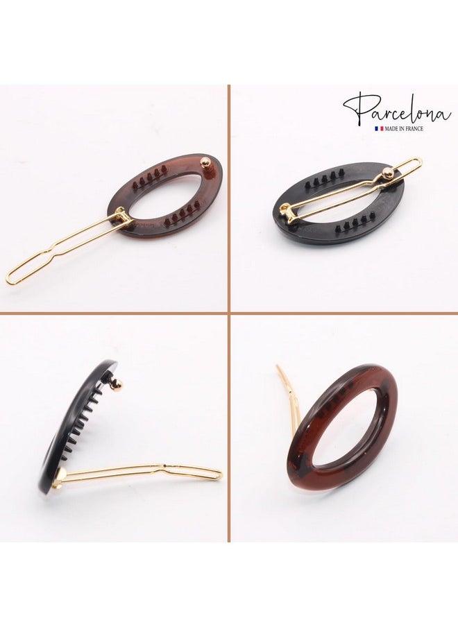 Parcelona - Parcelona French Eggie Oval Shell Black Mini Celluloid Acetate Side Slide Barrette Snap on Hair Clips - 4 Pieces - Image 1