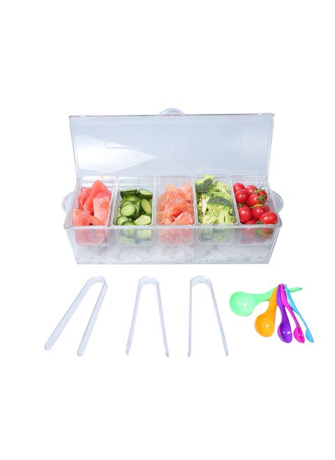 MorTime Ice Chilled Condiment Server with 5 Removable Compartments Clear Sauce Caddy Serving Tray Container with Lid Set of 5 Serving Spoons  3 Tongs Included
