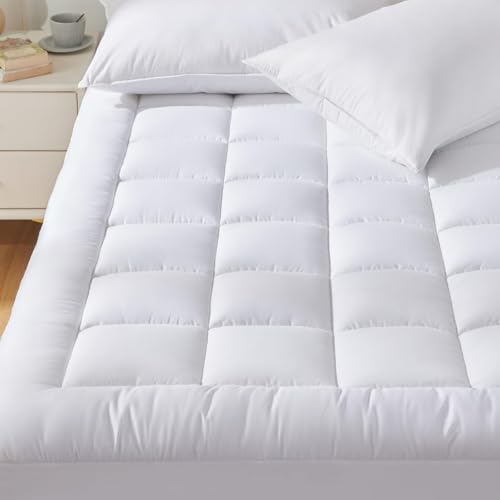 CozyLux Twin Extra Long Size Mattress Pad Pillow Top Cotton Cooling Twin XL Mattress Topper 821 Deep Pocket Mattress Cover Quilted Fitted Cooling 450GSM Mattress Protector 39x80 inchWhite