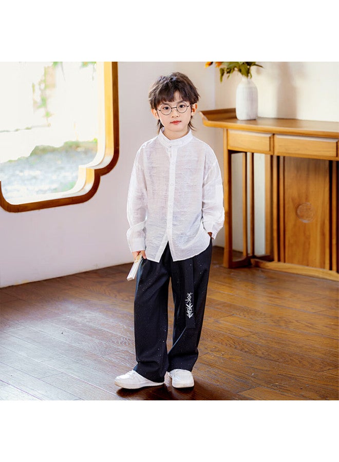 LUOBOBEIBEI Luobo Beibei Boys' New Chinese Style Long Sleeve Shirt Children's National Style Host New Year Outfit Flower Boy Suit White Two-piece Set 150 - Image 2