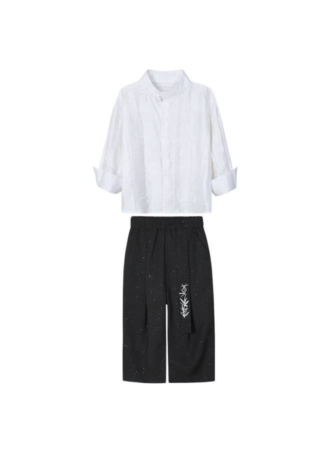 LUOBOBEIBEI Luobo Beibei Boys' New Chinese Style Long Sleeve Shirt Children's National Style Host New Year Outfit Flower Boy Suit White Two-piece Set 150 - Image 5