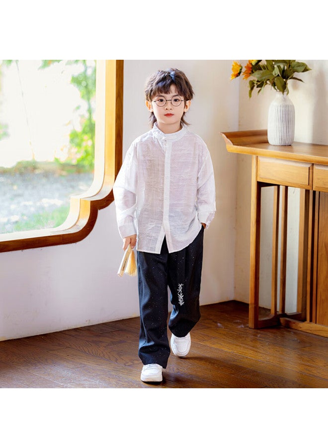 LUOBOBEIBEI Luobo Beibei Boys' New Chinese Style Long Sleeve Shirt Children's National Style Host New Year Outfit Flower Boy Suit White Two-piece Set 150 - Image 3