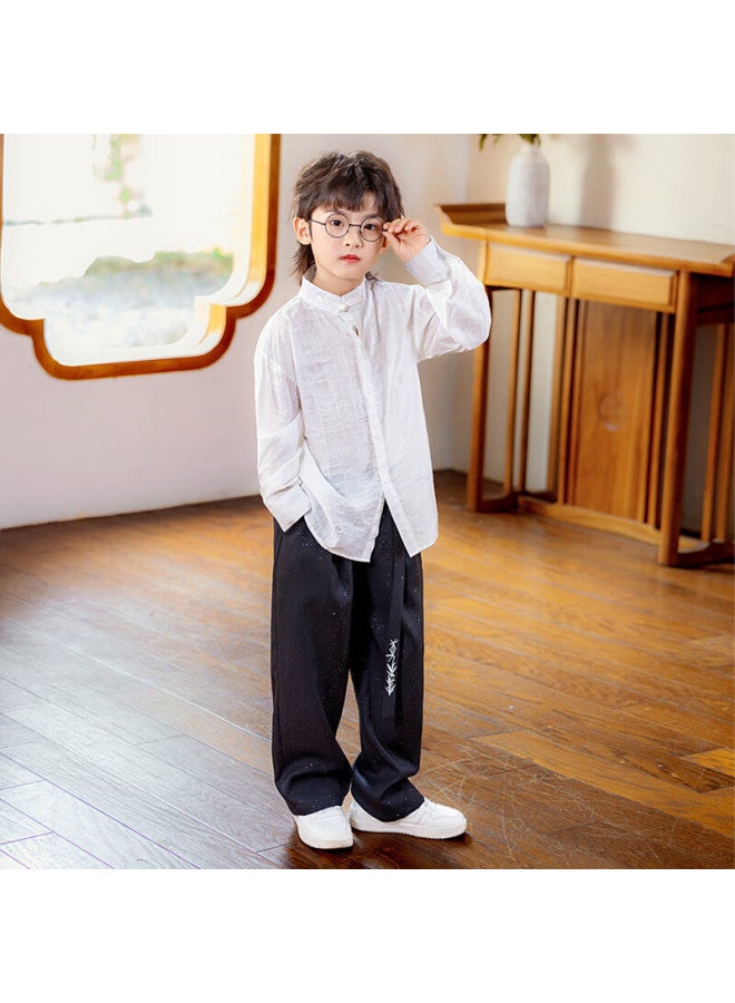 LUOBOBEIBEI Luobo Beibei Boys' New Chinese Style Long Sleeve Shirt Children's National Style Host New Year Outfit Flower Boy Suit White Two-piece Set 150 - Image 1