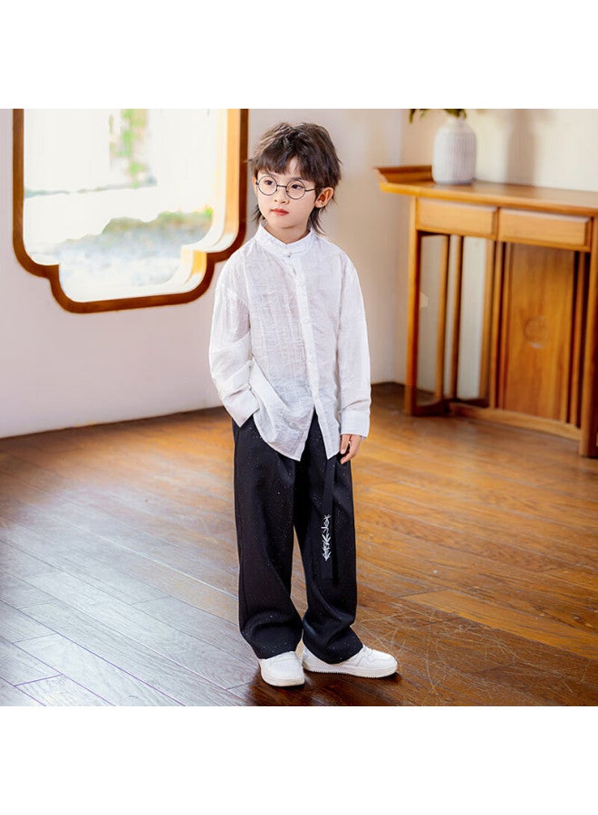 LUOBOBEIBEI Luobo Beibei Boys' New Chinese Style Long Sleeve Shirt Children's National Style Host New Year Outfit Flower Boy Suit White Two-piece Set 150 - Image 4