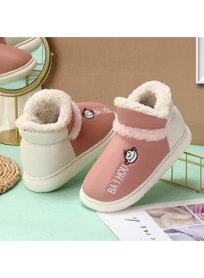 Baihou Pu Leather High-top Cotton Slippers For Men And Women, Closed-back Home Couple Style Plush Warm Cotton Shoes, Purple-pink, Size 36-37 - Image 2