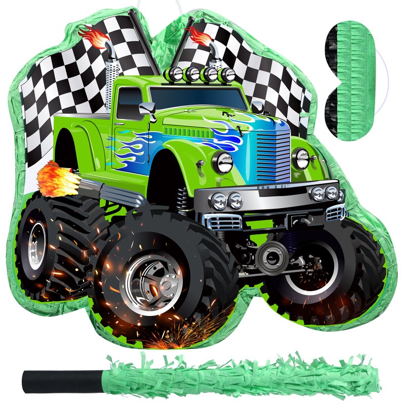 Faccito Piata Truck Race Car of Monster with Blindfold and Stick Green Small Racing Piata for Boys Party Decoration 141 x 126 x 32 Inch for Race Car Theme Birthday Baby Shower Party Supplies - Image 3