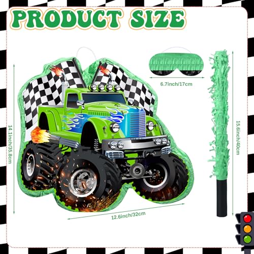 Faccito Piata Truck Race Car of Monster with Blindfold and Stick Green Small Racing Piata for Boys Party Decoration 141 x 126 x 32 Inch for Race Car Theme Birthday Baby Shower Party Supplies - Image 5