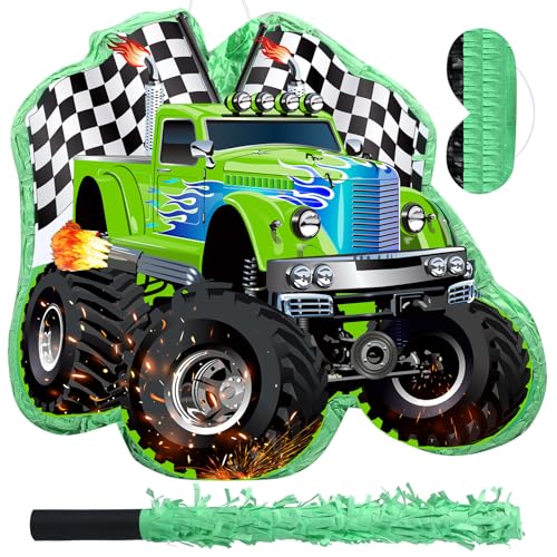 Faccito Piata Truck Race Car of Monster with Blindfold and Stick Green Small Racing Piata for Boys Party Decoration 141 x 126 x 32 Inch for Race Car Theme Birthday Baby Shower Party Supplies - Image 1
