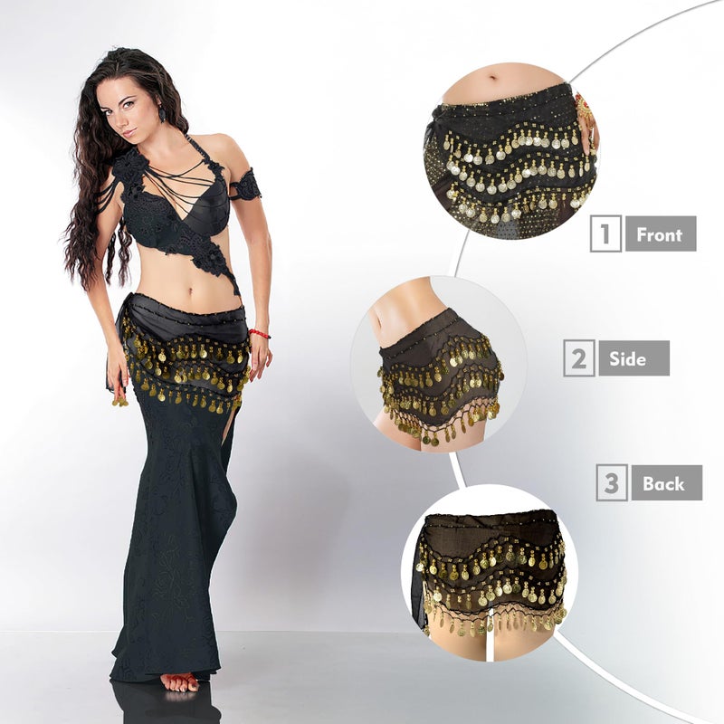 MOLFUJ Belly Dance Hip Scarf with 128 Gold Coins, Belly Dancer Belt Scarf Skirt for Women - Image 5