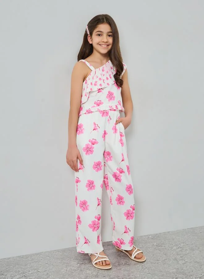 Styli Girls Floral Printed Asymmetric Neck Top and Pants Set