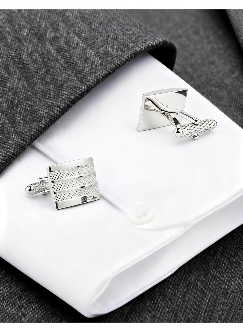 HomeNoor Silver Textured Striped Cufflinks, Elegant Formal French Cufflinks for Business, Wedding and Daily Wear, Stylish Shirt Cuff Links for Special Events, Perfect Gift Idea for Men & Women - Image 3