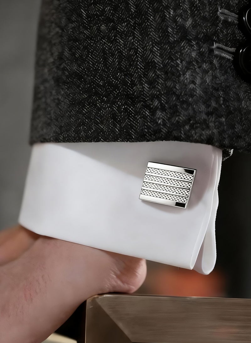 HomeNoor Silver Textured Striped Cufflinks, Elegant Formal French Cufflinks for Business, Wedding and Daily Wear, Stylish Shirt Cuff Links for Special Events, Perfect Gift Idea for Men & Women - Image 1