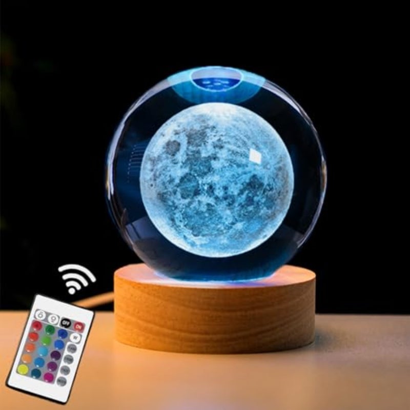 3D Moon Crystal Ball with LED Stand, Remote Control, 16 Colors Change, Moon Figurine Glass Sphere Lamp Night Light Gifts for Women 80mm - Image 1