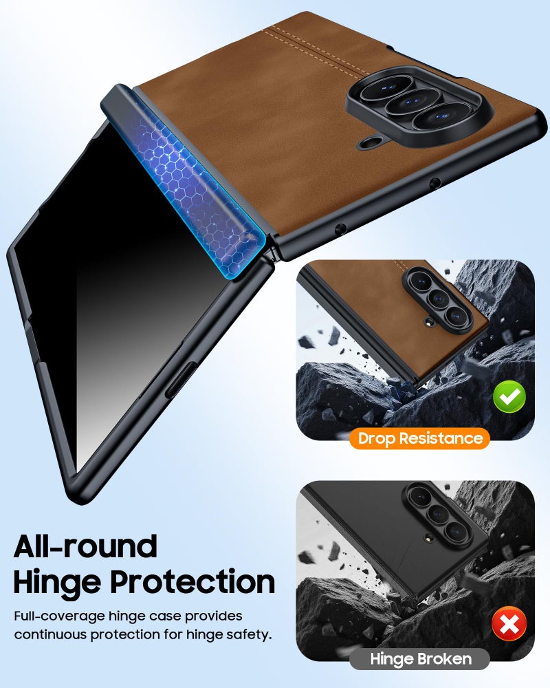 oupeigar for Samsung Galaxy Z Fold 7 Case with Privacy Screen Protector & Hinge Protection, Wireless Charging, Ultra Thin Stylish Leather Matte PC Durable Shockproof Cover Phone Case for Fold 7-Brown - Image 4