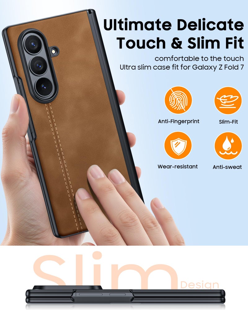 oupeigar for Samsung Galaxy Z Fold 7 Case with Privacy Screen Protector & Hinge Protection, Wireless Charging, Ultra Thin Stylish Leather Matte PC Durable Shockproof Cover Phone Case for Fold 7-Brown - Image 5