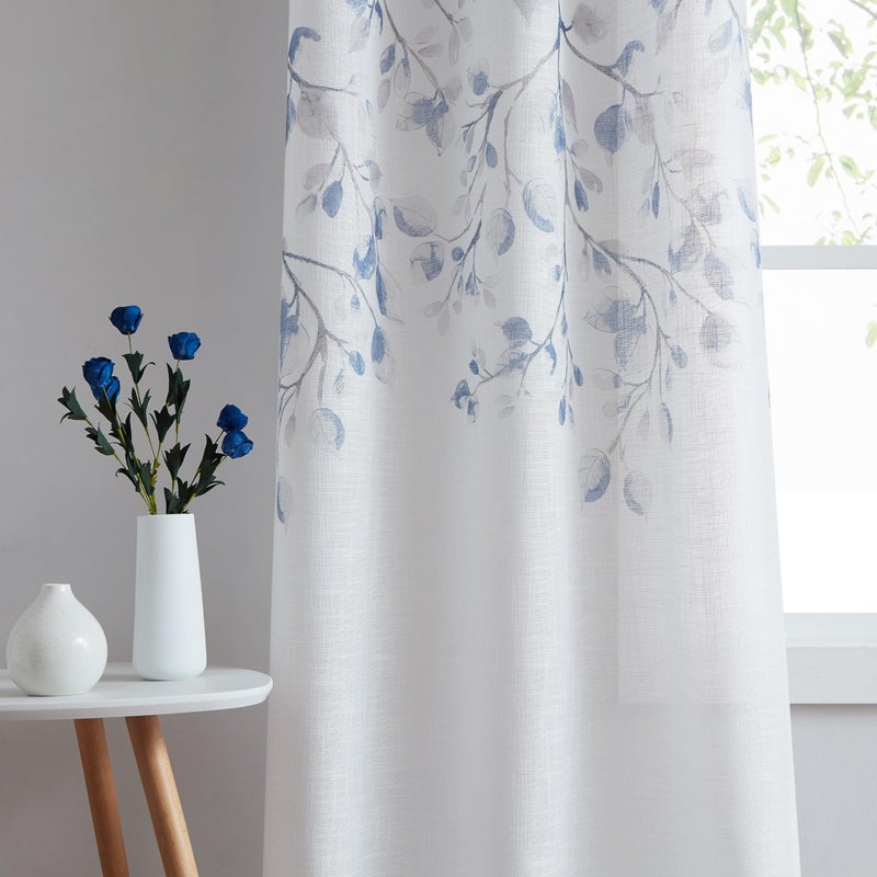 Central Park Leaf Floral Print Metallic Sheer Window Curtain Panel for Rustic Living RoomBedroom Sparkling Decorative 6 Grommets Top Drape Panels Farmhouse Curtains Navy Blue40 x 84x2 2 PK