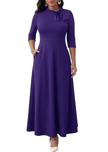 FANDEE Maxi Dress for Women Long Elegant A Line 3/4 Sleeve Bow Tie Neck Casual Party Church Dresses with Pockets Purple L - Image 1