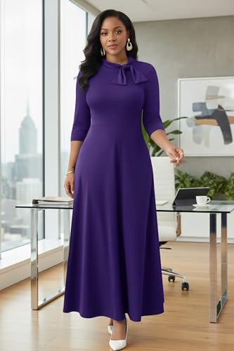 FANDEE Maxi Dress for Women Long Elegant A Line 3/4 Sleeve Bow Tie Neck Casual Party Church Dresses with Pockets Purple L - Image 3