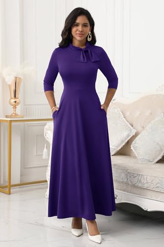 FANDEE Maxi Dress for Women Long Elegant A Line 3/4 Sleeve Bow Tie Neck Casual Party Church Dresses with Pockets Purple L - Image 4