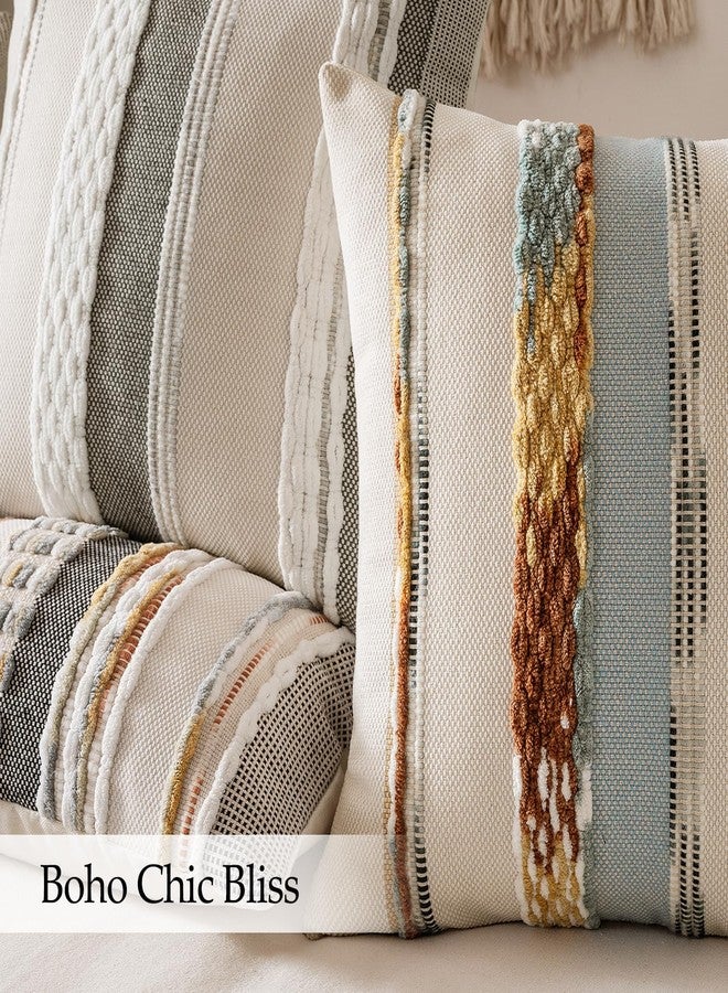 ANRODUO Pack of 2 Boho Decorative Throw Pillow Covers 20x20 Farmhouse Cushion Case Striped Chenille Pillow Cases Square Pillow Covers Accent Neutral Pillowcase for Sofa Couch Bed, Blue-Earth Tones - Image 5