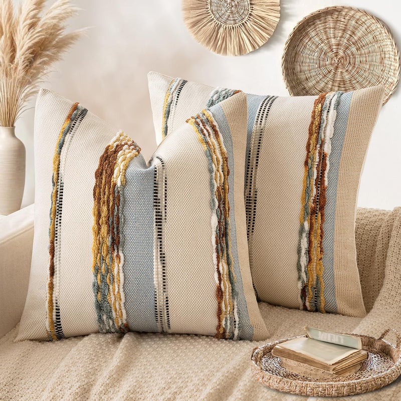 ANRODUO Pack of 2 Boho Decorative Throw Pillow Covers 20x20 Farmhouse Cushion Case Striped Chenille Pillow Cases Square Pillow Covers Accent Neutral Pillowcase for Sofa Couch Bed, Blue-Earth Tones - Image 1