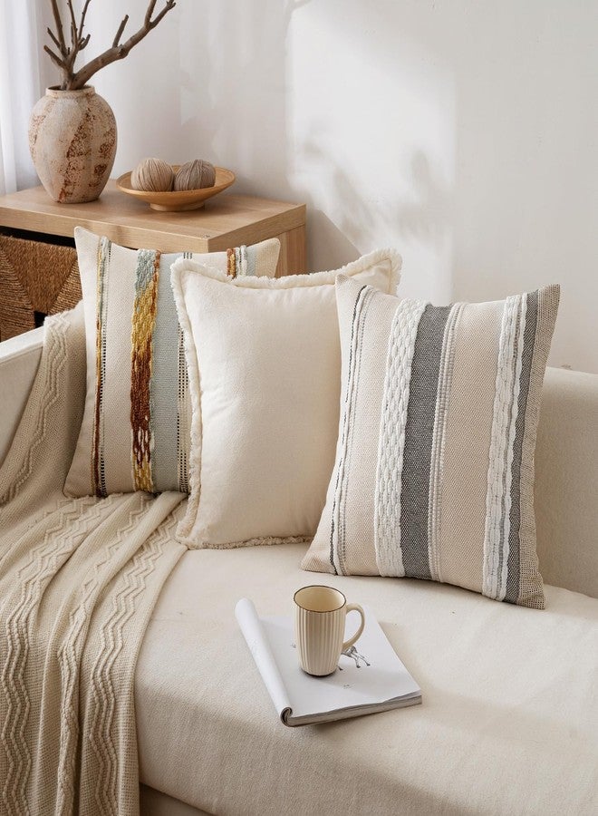 ANRODUO Pack of 2 Boho Decorative Throw Pillow Covers 20x20 Farmhouse Cushion Case Striped Chenille Pillow Cases Square Pillow Covers Accent Neutral Pillowcase for Sofa Couch Bed, Blue-Earth Tones - Image 3