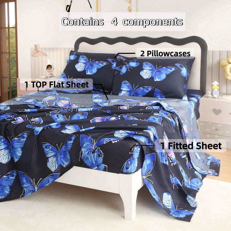SDY 4PCS Butterfly Sheet Sets Queen,Super Kawaii Soft Queen Size Microfiber Bedding Sheet Set for Boys, Girls, Kids and Toddler, Bed in a Bag with 1 Fitted Sheet+ 1 Top Flat Sheet + 2 Pillowcases - Image 2