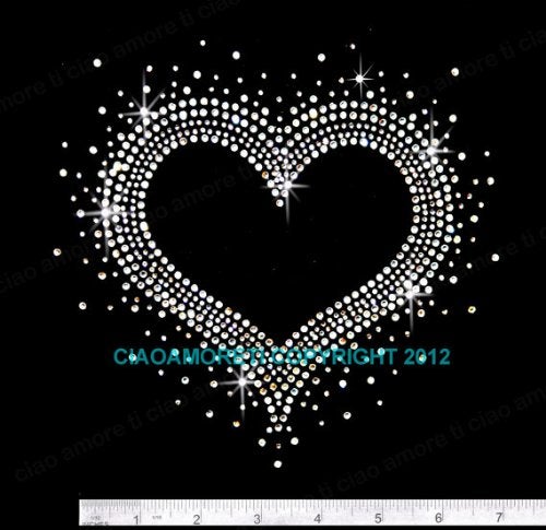 Rococo Designs Heart Shape Clear Rhinestone Iron on Hotfix Decal Transfer Heart Bling  7 by 7  Includes Small Star Decal  Rococo Designs 