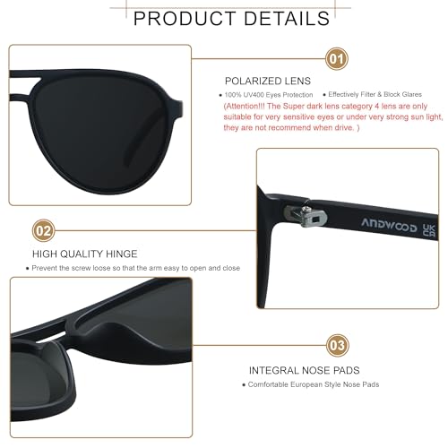 ANDWOOD Retro Polarized Aviator Sunglasses for Women Men Classic 70s Vintage Trendy Square Aviators Super Dark Black Lens Sensitive Eyes - Image 5