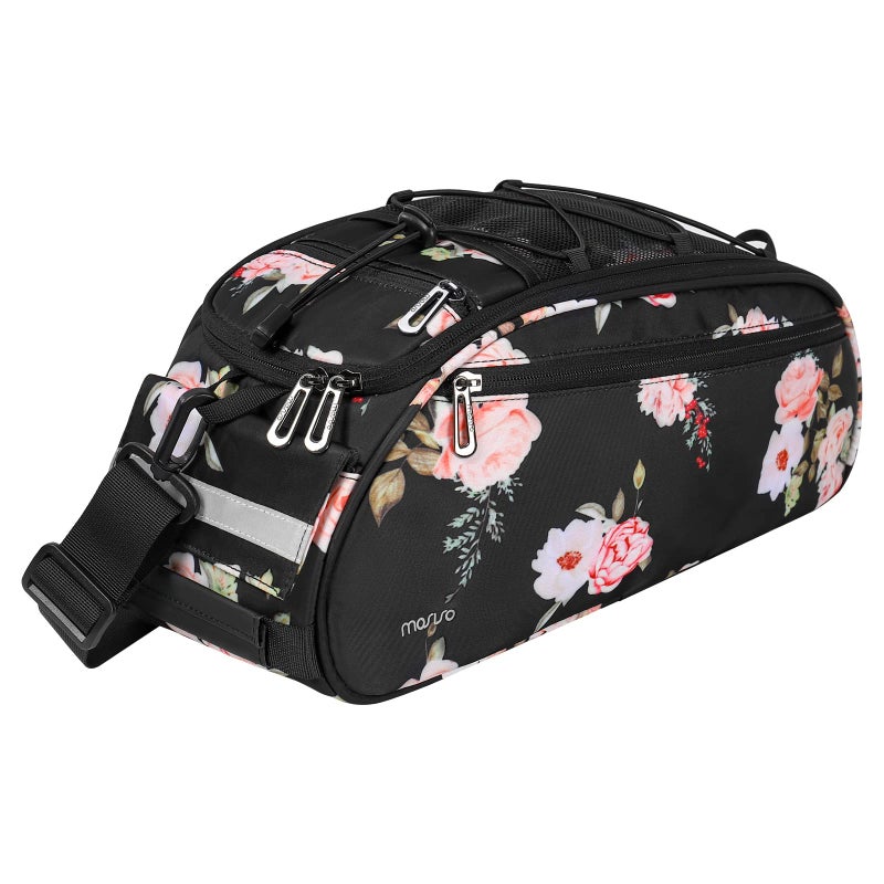 MOSISO Bike Rack Bag Peony Waterproof Bicycle Trunk Pannier Rear Seat Pouch Cycling Bike Carrier Backseat Storage Luggage Saddle Shoulder Bag Black